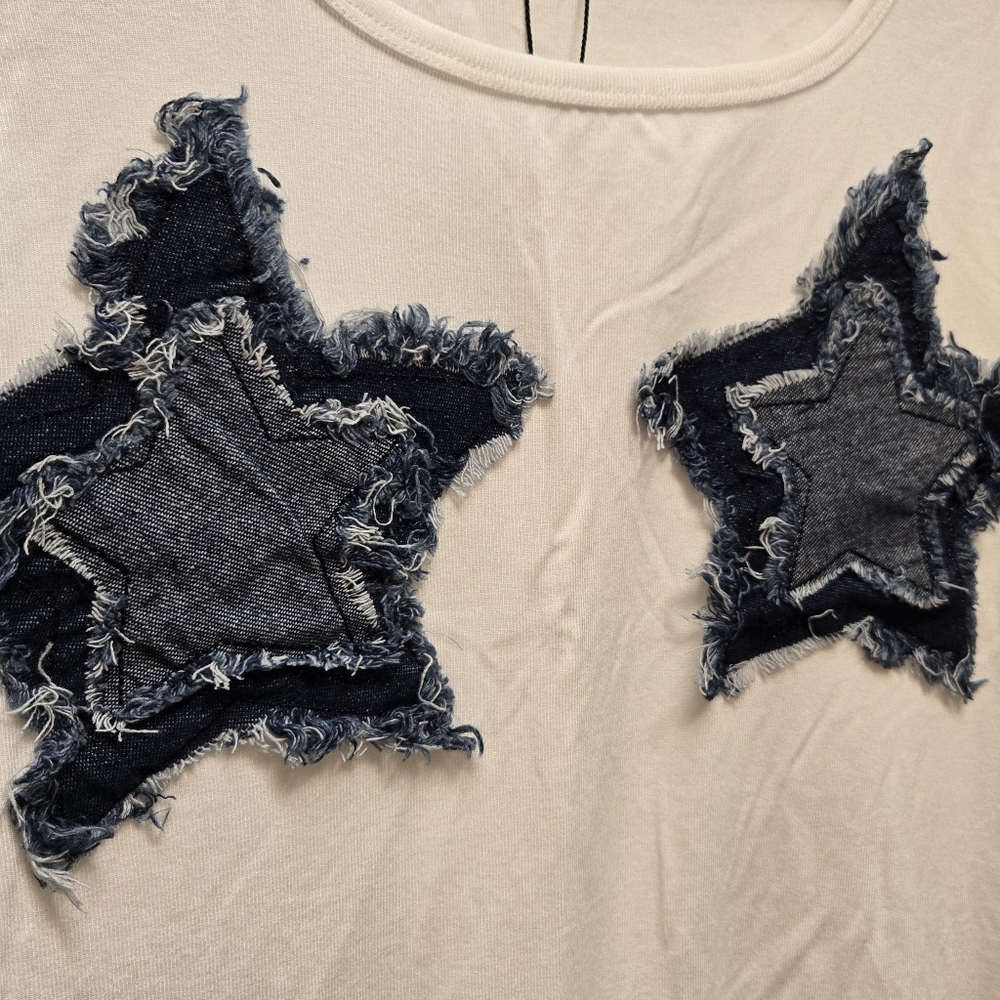 NWT Micas White Mini Dress with Blue Denim Star Patches, Large - Picture 4 of 9